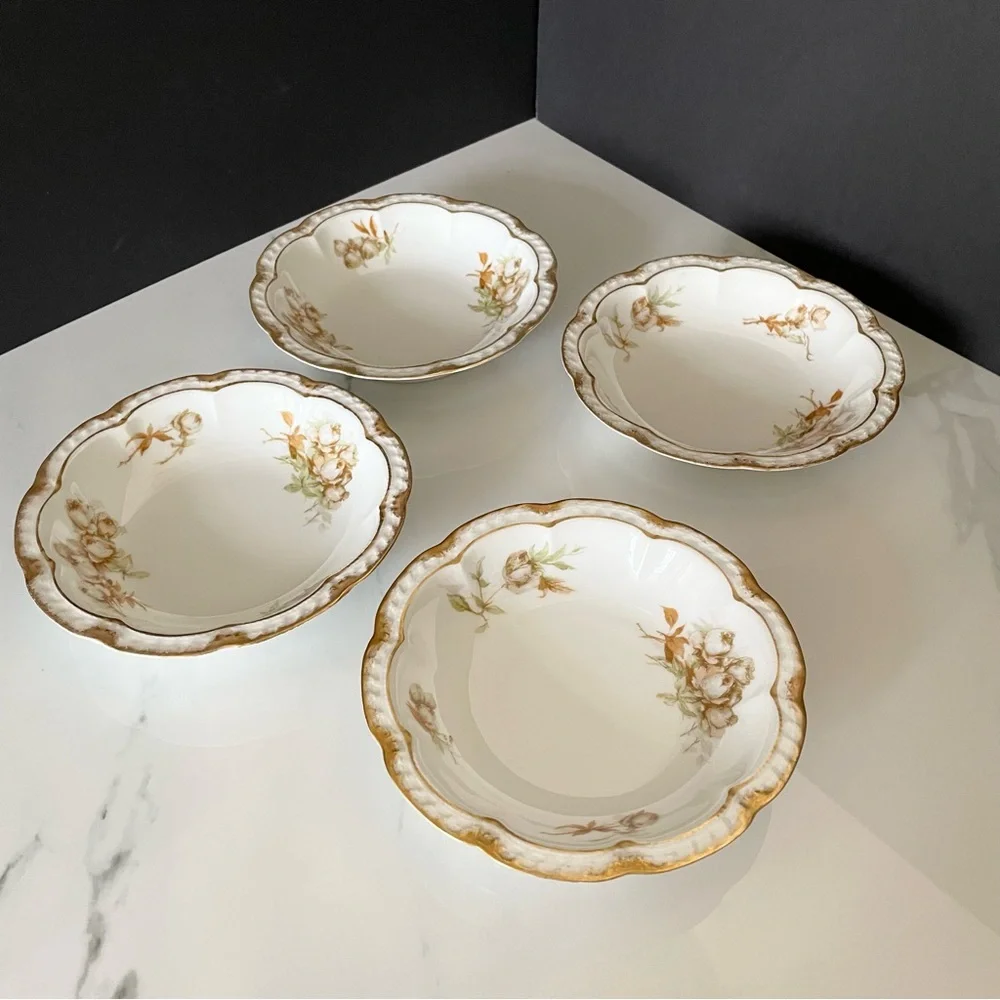 SET of 4 Brown Rose Bowls with Gold Trim 6.25